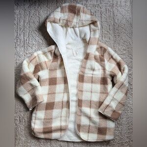 Weatherproof Reversible Plush Plaid Sherpa Fleece Hoodie - Brown and Cream S/M